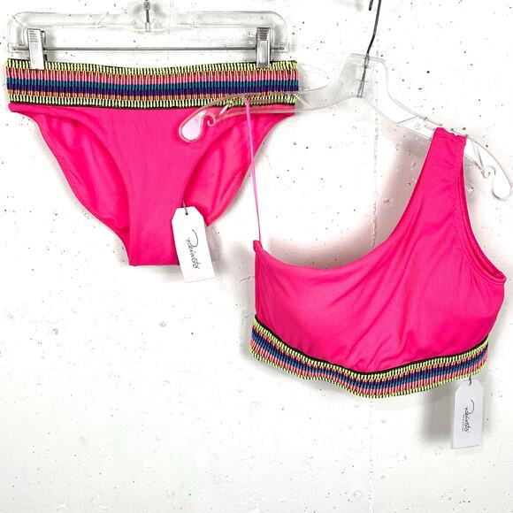 Peixoto Womens One Shoulder 2 Piece Bikini Swim Suit Pink Ribbed Fabric Trim XL - Picture 12 of 15